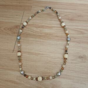 Boho Earthy Mixed Bead Necklace Silver Tone Neutral Artisan Costume Statement